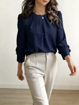 Women's Blouse Round Neck Long Sleeve Tops Solid Pleated Loose Tops Elegant Blouse Spring Summer Casual Blouse Office Light Tops