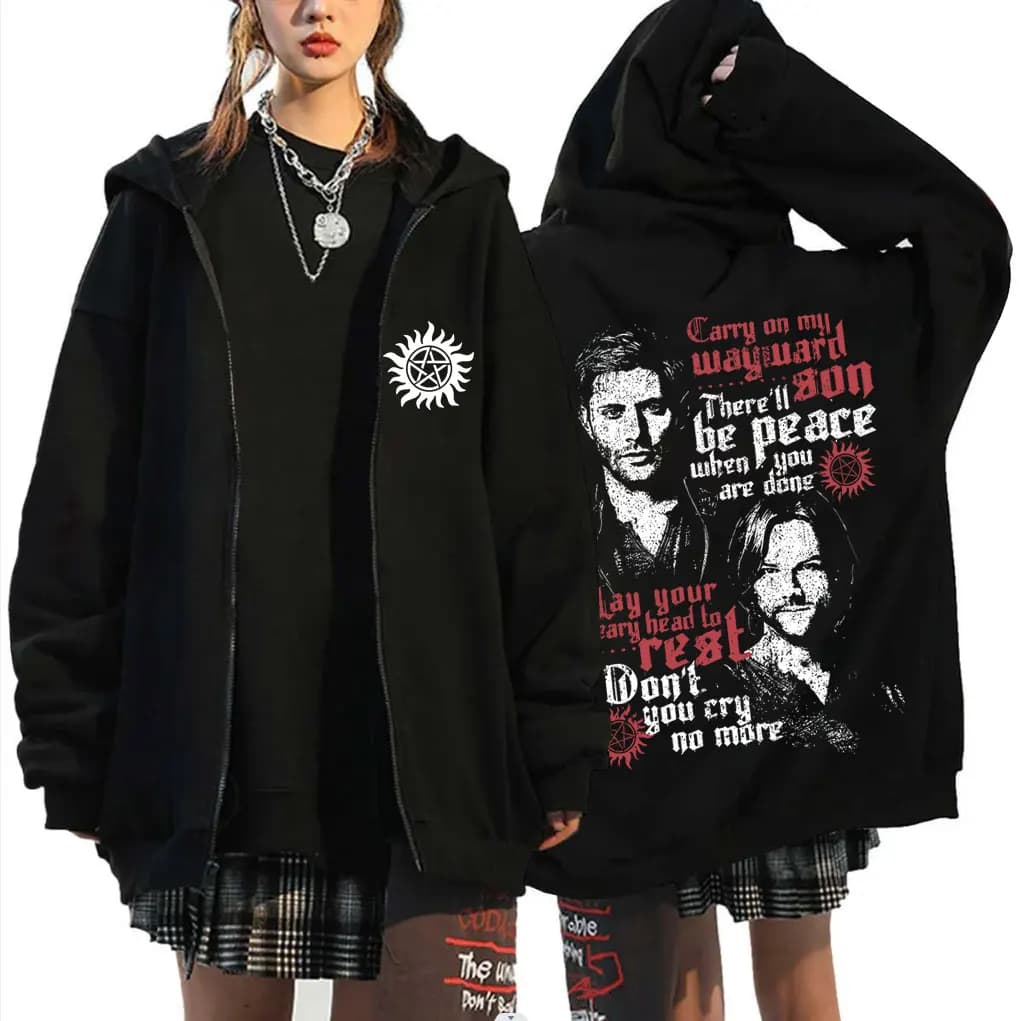 TV Series Supernatural Zipper Hoodie Men Women Clothing Fleece Cotton Oversized Zip Up Jacket Unisex Cosplay Merch Streetwear