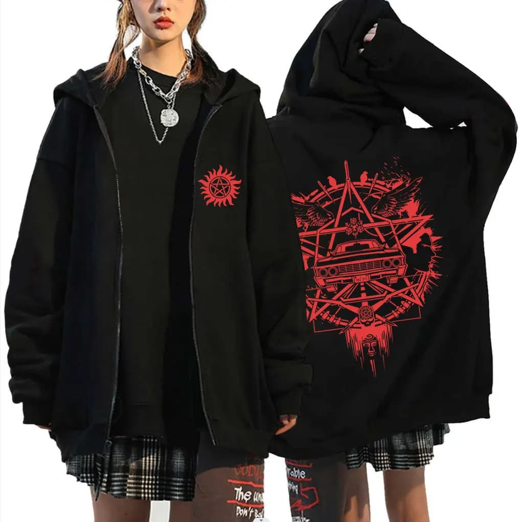Supernatural Graphic Zipper Hoodie Men Women Casual Retro Fleece Cotton Zip Up Jacket Unisex Cosplay Oversized Zip Up Sweatshirt