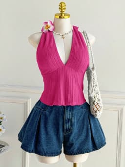 Plus Size Women's Ribbed Halter Cami Top V Neck Back Tie Bow Sleeveless Solid Crop Tank Top