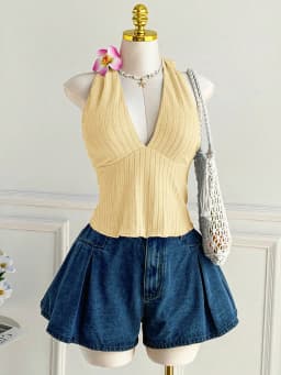 Plus Size Women's Ribbed Halter Cami Top V Neck Back Tie Bow Sleeveless Solid Crop Tank Top