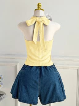 Plus Size Women's Ribbed Halter Cami Top V Neck Back Tie Bow Sleeveless Solid Crop Tank Top