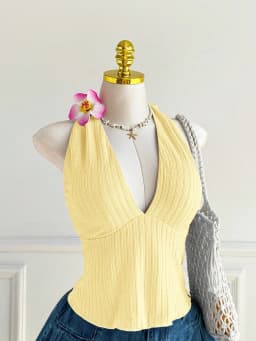 Plus Size Women's Ribbed Halter Cami Top V Neck Back Tie Bow Sleeveless Solid Crop Tank Top