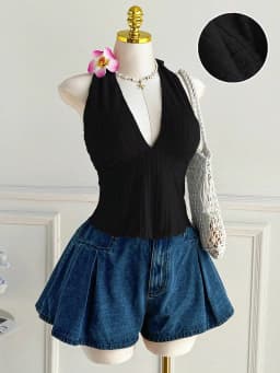 Plus Size Women's Ribbed Halter Cami Top V Neck Back Tie Bow Sleeveless Solid Crop Tank Top