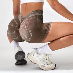 Women V back Shorts Faux Jeans Elastic Workout Sports Yoga Pants Butt Lifting Leggins Fitness Athletic Short Tights Seamless