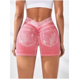 Women V back Shorts Faux Jeans Elastic Workout Sports Yoga Pants Butt Lifting Leggins Fitness Athletic Short Tights Seamless