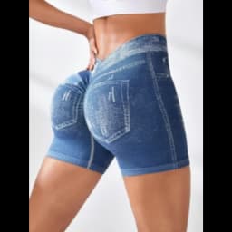 Women V back Shorts Faux Jeans Elastic Workout Sports Yoga Pants Butt Lifting Leggins Fitness Athletic Short Tights Seamless