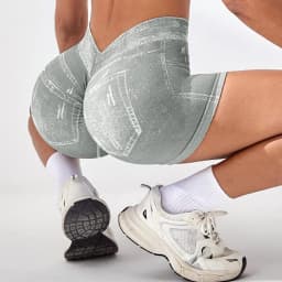 Women V back Shorts Faux Jeans Elastic Workout Sports Yoga Pants Butt Lifting Leggins Fitness Athletic Short Tights Seamless