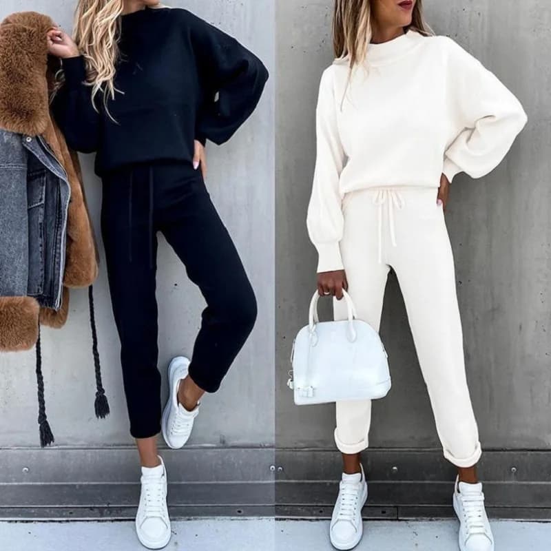 Women's High Collar Sweater Pure Color Trousers 2-Piece Set Casual Autumn Winter Fashion Ensemble
