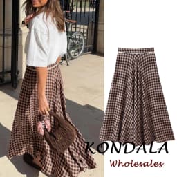 KONDALA Vintage Modern Plaid Streetwear Floral Lace Long Skirt Folds Elegant Fashion 2026 Spring Chic Brown A-Line Female Skirt