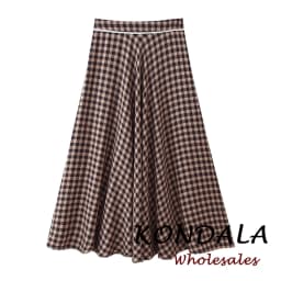 KONDALA Vintage Modern Plaid Streetwear Floral Lace Long Skirt Folds Elegant Fashion 2026 Spring Chic Brown A-Line Female Skirt
