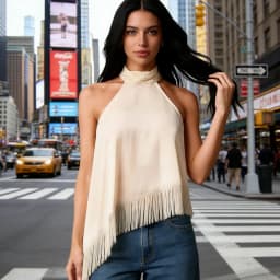 Women's Summer Solid Color Satin Halter Mock Neck Tops Sleeveless Tassel Hem Loose Fit Tank Tops