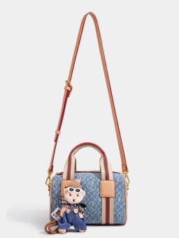 Women Vintage Denim Mini Boston Crossbody Bag With Removable Bear Charm Adjustable Strap Gold Hardware Casual Daily Handbag