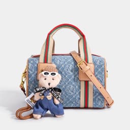Women Vintage Denim Mini Boston Crossbody Bag With Removable Bear Charm Adjustable Strap Gold Hardware Casual Daily Handbag