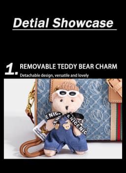 Women Vintage Denim Mini Boston Crossbody Bag With Removable Bear Charm Adjustable Strap Gold Hardware Casual Daily Handbag