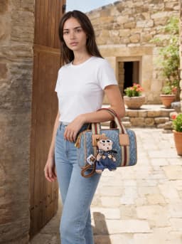 Women Vintage Denim Mini Boston Crossbody Bag With Removable Bear Charm Adjustable Strap Gold Hardware Casual Daily Handbag