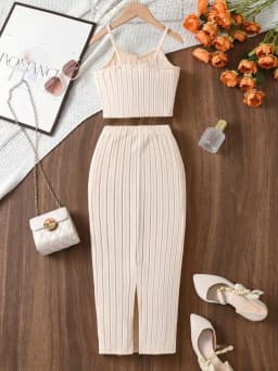 Elegant solid color knitted off shoulder dress set, strapless top paired with straight leg pants, suitable for young girls