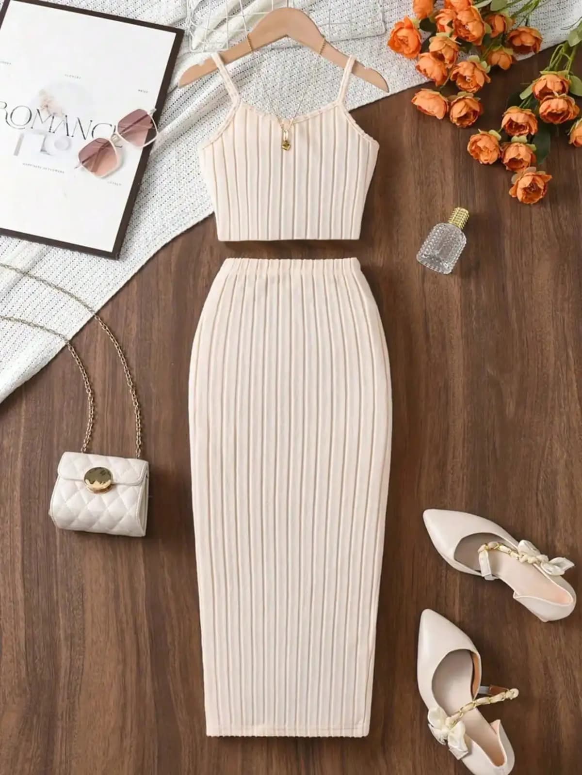 Elegant solid color knitted off shoulder dress set, strapless top paired with straight leg pants, suitable for young girls
