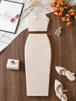 Elegant solid color knitted off shoulder dress set, strapless top paired with straight leg pants, suitable for young girls