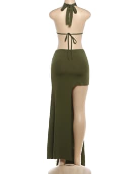 Kliou Side Hollow Design Dress Woman Bandage Halter Backless Sleeveless Irregular High Splits Robe Vacation Elegant Long Bodycon