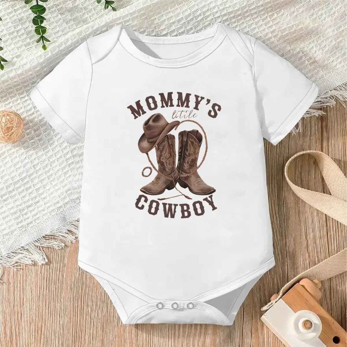 Western Baby Outfit "Mommy's Little Cowboy" Print Baby Bodysuit Short Sleeve Infant Romper Cowboy Boots Hat Baby Gift