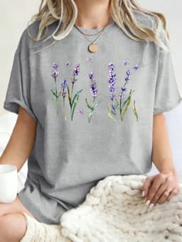 Fresh Lavender Flowers Printed Womens T-Shirt Hip Hop Crewneck Clothes Breathable Cotton T Shirt Oversized Summer Streetwear