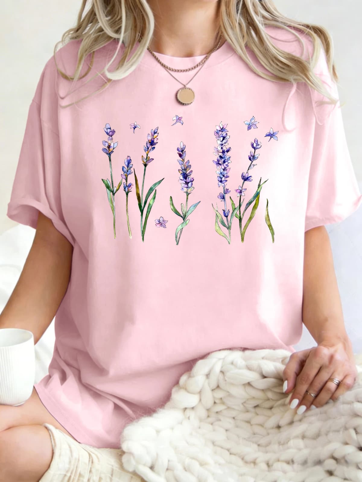 Fresh Lavender Flowers Printed Womens T-Shirt Hip Hop Crewneck Clothes Breathable Cotton T Shirt Oversized Summer Streetwear