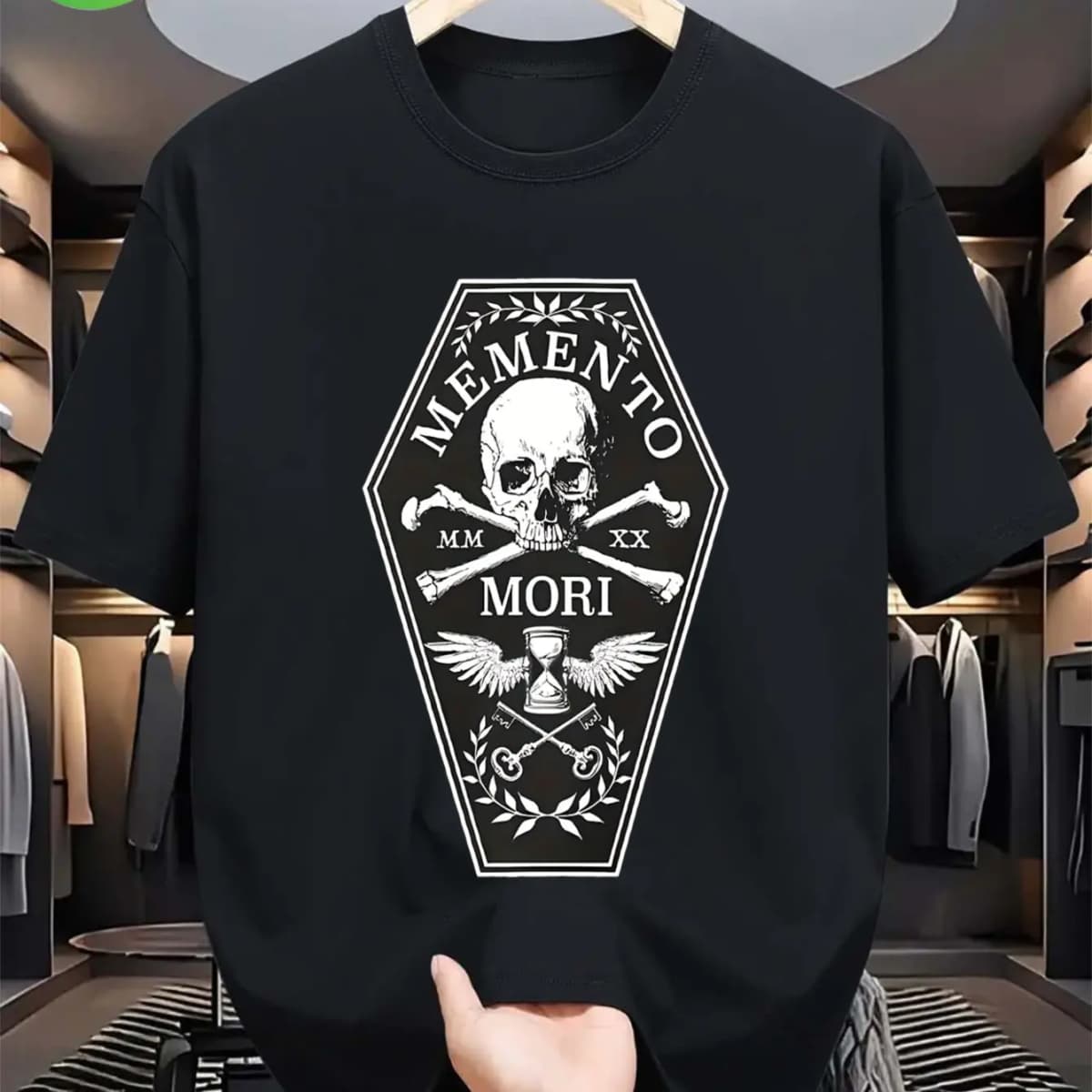 Men's Gothic Memento Mori T-Shirt 100% Cotton Latin Mortify Design with Black Skull & Hourglass Bone Print