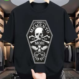 Men's Gothic Memento Mori T-Shirt 100% Cotton Latin Mortify Design with Black Skull & Hourglass Bone Print
