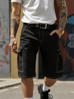 Men's Solid Color Cargo Pocket Casual Shorts,Personalized visible stitching design summer workwear five-inch pants
