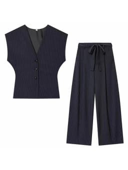 Women Fashion 2-Piece Set Single-breasted Sleeveless V-Neck Pinstripe Vest+Summer Pleated Loose Pocket Belt Zipper Pants