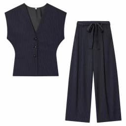 Women Fashion 2-Piece Set Single-breasted Sleeveless V-Neck Pinstripe Vest+Summer Pleated Loose Pocket Belt Zipper Pants