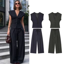 Women Fashion 2-Piece Set Single-breasted Sleeveless V-Neck Pinstripe Vest+Summer Pleated Loose Pocket Belt Zipper Pants