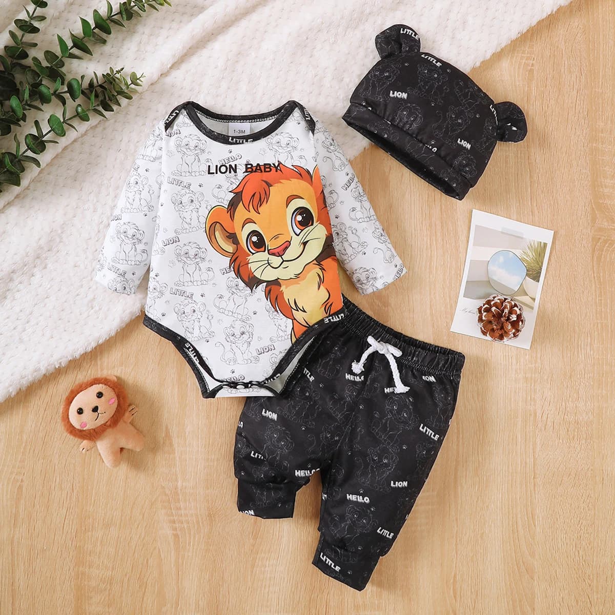 3Pcs Baby Boy Set Round Neck Lion Full Print Bodysuit+Pants Set Suitable for 0-18 Months Newborns Baby Boys Spring Autumn Set