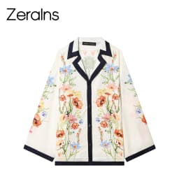 ZERAINS Casual style single row multi button lapel long sleeved contrasting printed shirt and printed pants set
