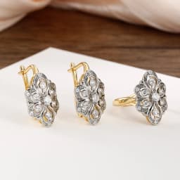 Petal design inlaid with zircon two-tone set earrings ring copper plated 14K gold retro fashion jewelry banquet holiday gift