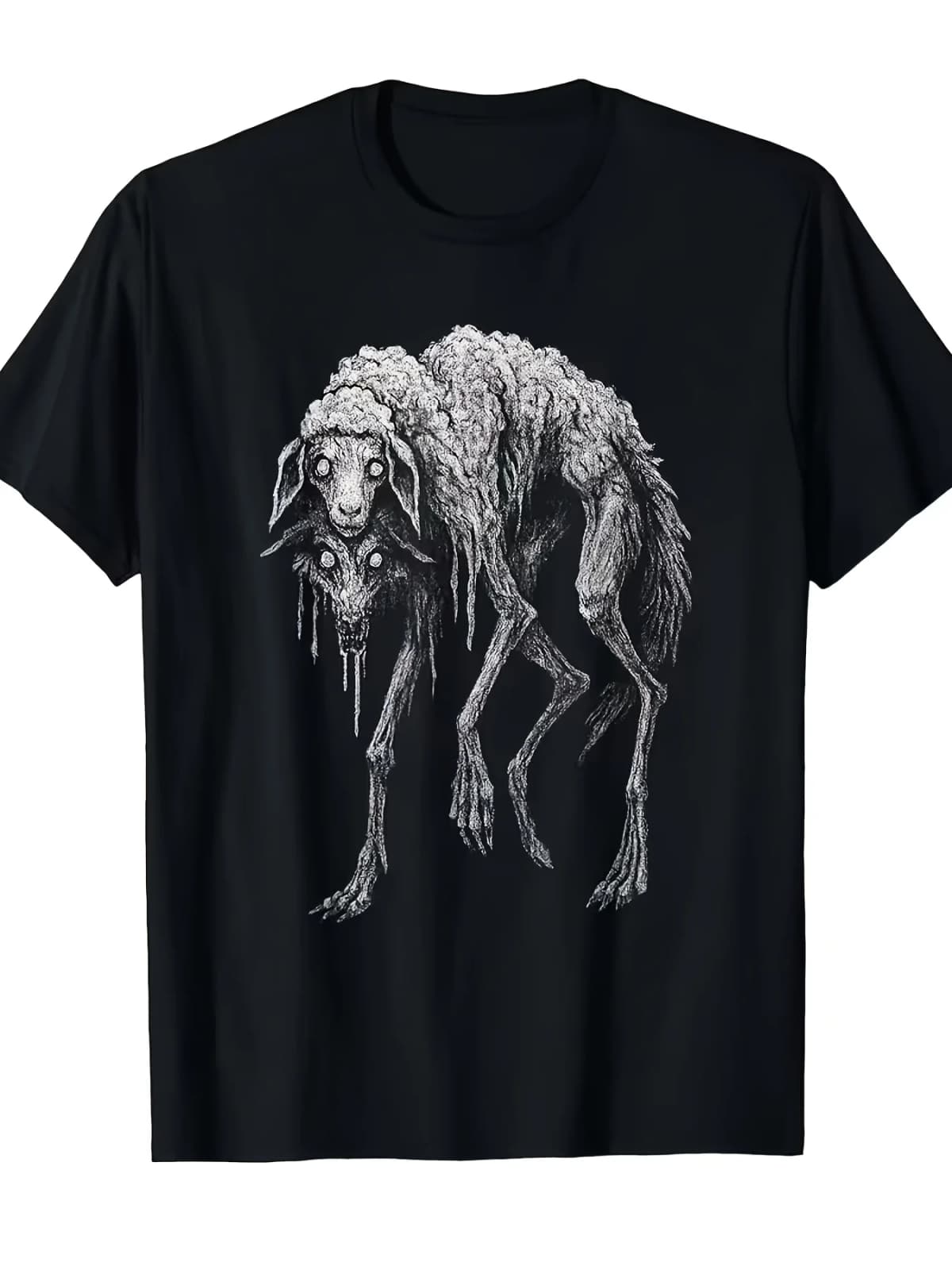 Men'S Terrifying Wolf-Sheep Horror Folklore Gothic T-Shirt Black and White Gothic Wolf-Sheep Design Short Sleeves