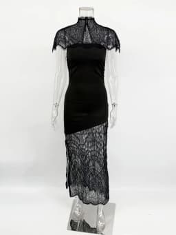 Elegant Lace Printed Long Dress For Women See-Through Turtleneck Patchwork Bandeau Party Dress Female Spring Maxi Dress 2026