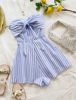 Women's Spring/Summer Cruise Vacation Blue Striped Front Waiver Loose Jumpsuit, Suitable for Party, Date, Afternoon Tea