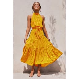 Women's Halter Neck Maxi Dress - Floral Print Boho Chic Smocked Waist Summer Beach Dress for Vacation Casual Wear