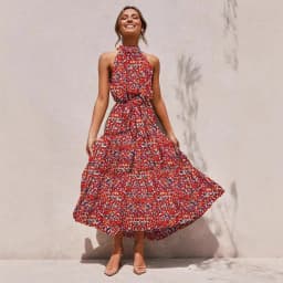 Women's Halter Neck Maxi Dress - Floral Print Boho Chic Smocked Waist Summer Beach Dress for Vacation Casual Wear
