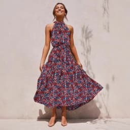 Women's Halter Neck Maxi Dress - Floral Print Boho Chic Smocked Waist Summer Beach Dress for Vacation Casual Wear
