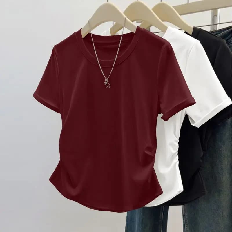 Summer Design Sense Slim Fit Women's Pleated Waist Cinching Top Trendy and Versatile Slimming Solid Color Short Sleeved T-shirt