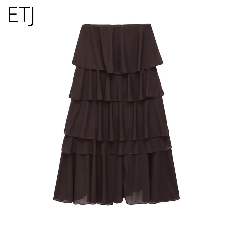 ETJ Women's Tiered Ruffle Skirt Asymmetrical Hem Long Flowy Midi Skirt 2026 Spring Fashion Elegant Layered Skirts