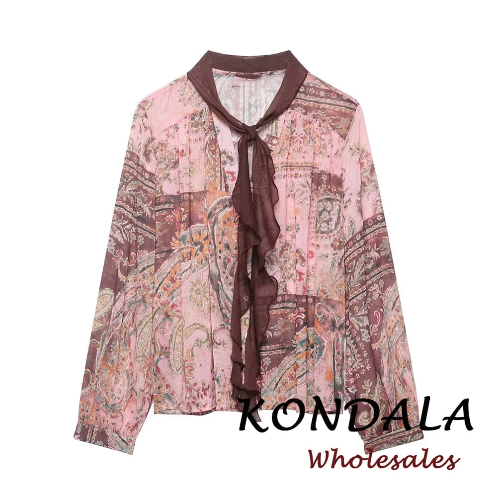 KONDALA Chic Print Women Vintage Blouse Long Sleeve Lace Bow Loose Shirt Single Breasted Casual Fashion 2026 Spring Female Shirt