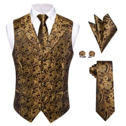 Mens Suit Golden Black Purple Orange Vest Tie Hanky Cufflinks Set Paisley Waistcoat for Male Wedding Busniess