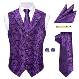 Mens Suit Golden Black Purple Orange Vest Tie Hanky Cufflinks Set Paisley Waistcoat for Male Wedding Busniess