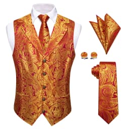 Mens Suit Golden Black Purple Orange Vest Tie Hanky Cufflinks Set Paisley Waistcoat for Male Wedding Busniess