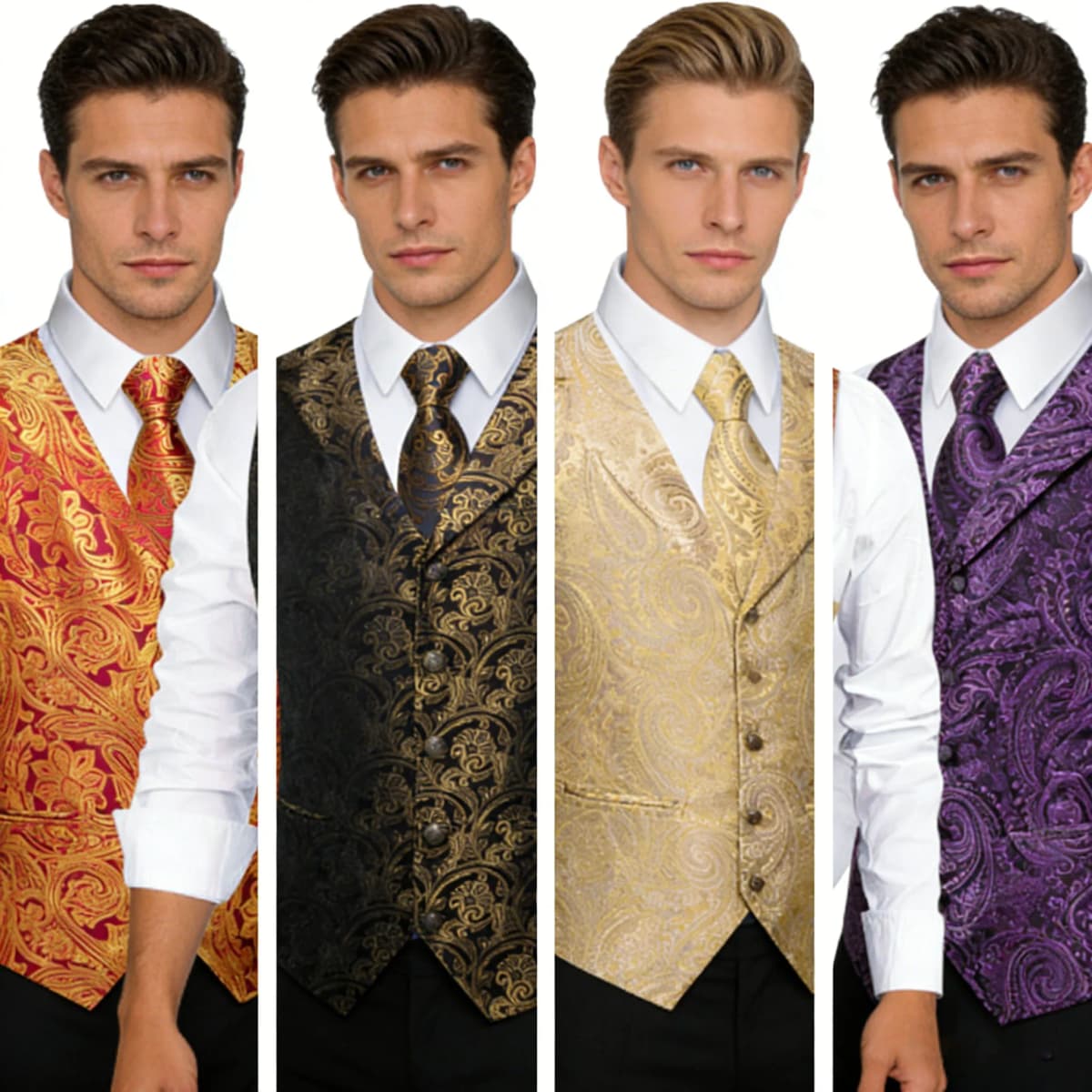 Mens Suit Golden Black Purple Orange Vest Tie Hanky Cufflinks Set Paisley Waistcoat for Male Wedding Busniess