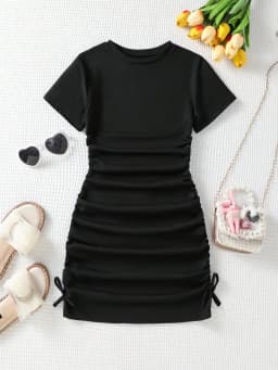 2026 Casual Spring and Summer Girls' Wrinkle Bow Solid Color Short Sleeved Round Neck Dress Long Skirt Suitable for Daily Travel